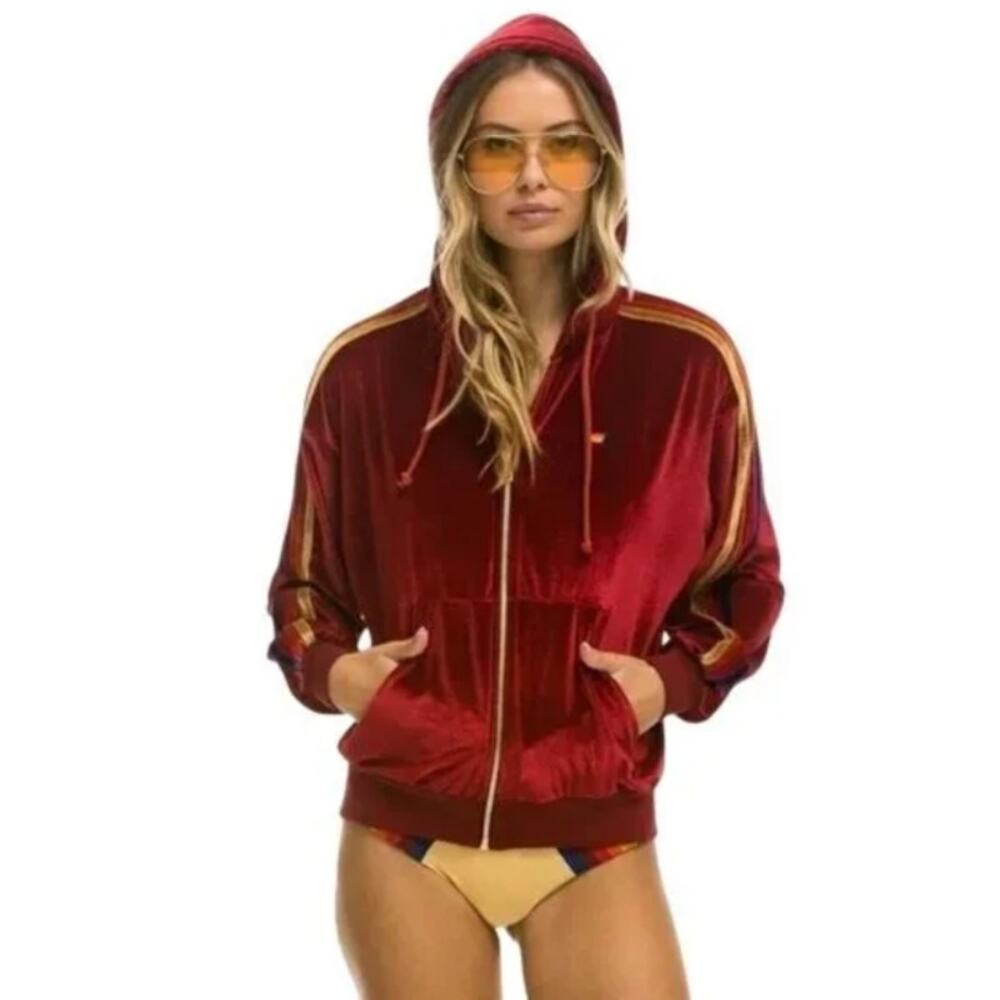 Aviator Nation Red Velvet Zip Hoodie with Gold Stripes
